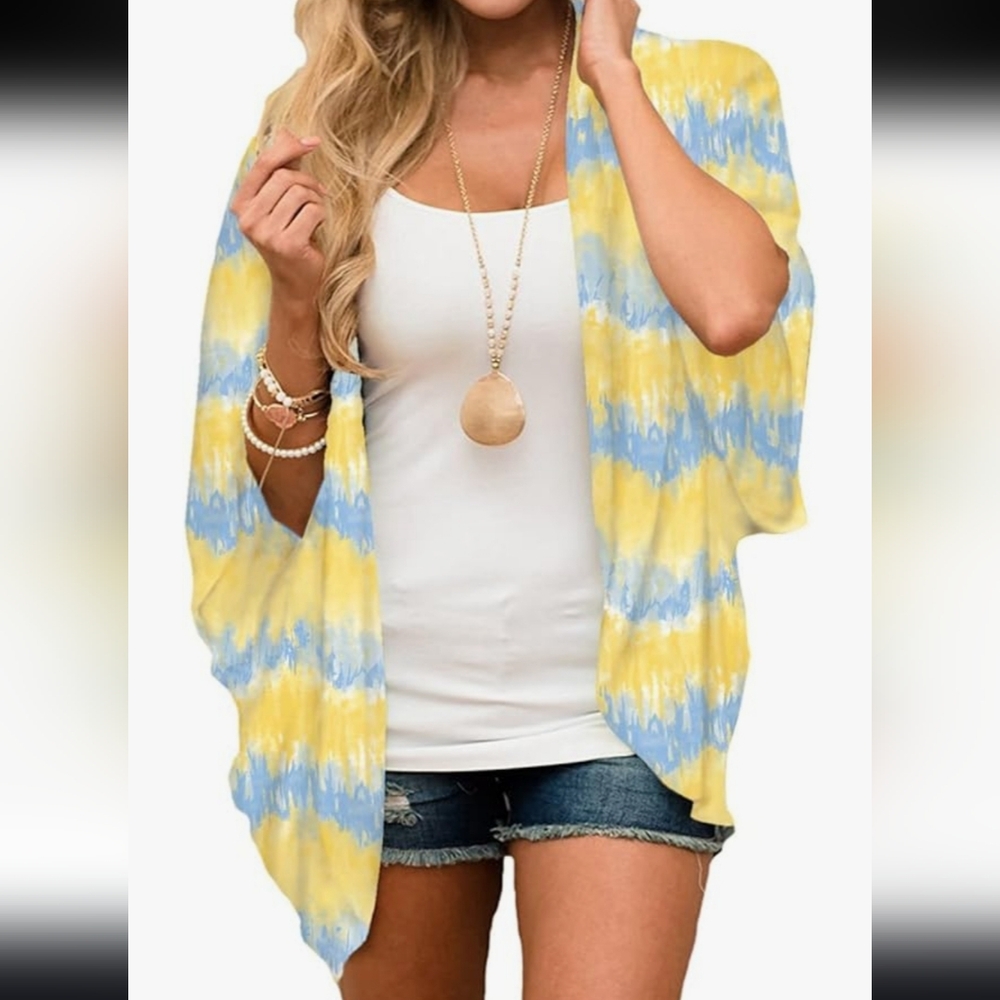 Blue and Yellow Tie-Dye Shrug Lightweight Sheer Cardigan
